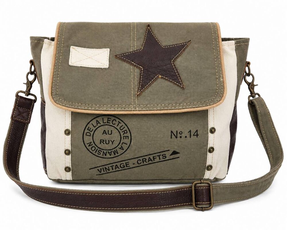 Vintage Crafts Canvas Leather Messenger Crossbody Bag Military Style Green